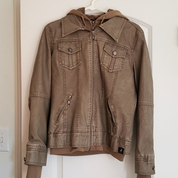 Made By Johnny MBJ • Womens Khaki Leather Motorcycle Jacket with Hoodie • Size S - Picture 5 of 5